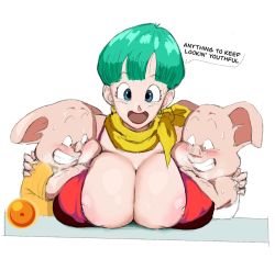 Rule 34 | 1girl, animal, areola slip, blue eyes, blush, grabbing another&#039;s breast, breast rest, breasts, breath, bulma, cleavage, clenched teeth, dragon ball, dragon ball (object), dragonball z, dress, earrings, english text, grabbing, green hair, highres, hoop earrings, hug, huge breasts, jewelry, looking at another, looking at viewer, mature female, nipple slip, nipples, oolong, open mouth, pig, red dress, scarf, short hair, simple background, smile, speech bubble, table, teeth, ultivlad, upper body, white background, yellow scarf