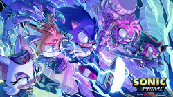 Rule 34 | 2girls, 3boys, absurdres, amy rose, beret, copyright name, copyright notice, electricity, evan stanley, gloves, hammer, hat, highres, knuckles the echidna, mechanical tail, multiple boys, multiple girls, nine (sonic), official art, pirate hat, rouge the bat, running, sonic (series), sonic prime, sonic the hedgehog, sword, tail, tails (sonic), weapon