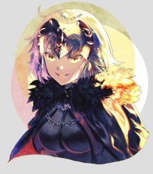 Rule 34 | 1girl, ahoge, black dress, breasts, chain, circle, commentary, dress, fate/grand order, fate (series), fur trim, grey background, headpiece, highres, jeanne d&#039;arc (fate), jeanne d&#039;arc alter (avenger) (fate), jeanne d&#039;arc alter (fate), multicolored background, multicolored hair, open mouth, ryan (stepde14), silver hair, smile, solo, teeth, upper body, upper teeth only, yellow eyes