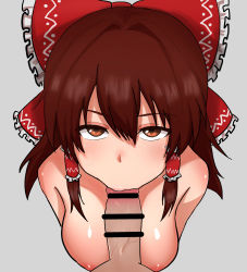 Rule 34 | 1boy, 1girl, absurdres, bar censor, bow, breasts, brown eyes, brown hair, censored, completely nude, fellatio, frilled bow, frilled hair tubes, frills, from above, grey background, hair between eyes, hair bow, hair tubes, hakurei reimu, hetero, highres, light blush, long hair, looking at viewer, medium breasts, nipples, nude, oral, penis, pov, red bow, sidelocks, simple background, solo focus, touhou, upturned eyes, vanishingknife