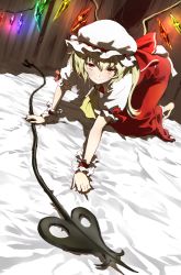 Rule 34 | 1girl, 9901, all fours, ascot, barefoot, bed sheet, blonde hair, crystal, flandre scarlet, foreshortening, full body, hat, hat ribbon, highres, laevatein, long hair, looking at viewer, mob cap, puffy short sleeves, puffy sleeves, red eyes, red ribbon, red skirt, ribbon, short sleeves, side ponytail, skirt, skirt set, smile, solo, touhou, vest, wings, wrist cuffs