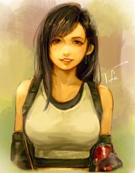 Rule 34 | 1girl, bare shoulders, black bra, black gloves, black hair, bra, breasts, brown background, character name, crop top, earrings, elbow gloves, elbow pads, final fantasy, final fantasy vii, final fantasy vii remake, gloves, highres, jap artistagram, jewelry, large breasts, long hair, looking at viewer, midriff, parted lips, portrait, red eyes, shirt, sleeveless, sleeveless shirt, smile, solo, sports bra, swept bangs, tifa lockhart, underwear, upper body, white shirt