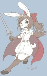 Rule 34 | 1girl, apple amee, blue eyes, boots, brown hair, rabbit, cape, copyright request, furry, gloves, highres, lance, polearm, ponytail, sword, weapon
