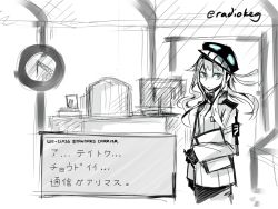 Rule 34 | 1girl, abyssal ship, adapted costume, alternate costume, artist name, blue eyes, clipboard, commentary request, deel (rkeg), kantai collection, looking at viewer, monochrome, office, parody, pen, translation request, twitter username, uniform, wavy hair, wo-class aircraft carrier