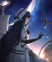 Rule 34 | 1girl, arknights, astesia (arknights), bird, black gloves, black ribbon, blue eyes, blue hair, blue sky, bluebird, breasts, cape, celestial globe, commission, cowboy shot, dress, elbow gloves, from side, gloves, hat, hat ribbon, highres, large hat, long hair, night, profile, ribbon, short sleeves, sky, small breasts, smile, solo, star (sky), starry sky, sunlight, velephyr, very long hair, white cape, white dress, white hat