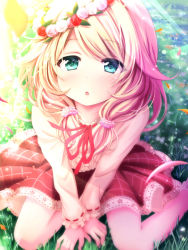 Rule 34 | 1girl, :o, blonde hair, blue eyes, blush, brown shirt, center frills, collarbone, commentary request, day, flower, flower wreath, frills, grass, hair between eyes, hair over shoulder, head wreath, idolmaster, idolmaster cinderella girls, long hair, long sleeves, low twintails, neck ribbon, on grass, outdoors, parted lips, pink flower, pink rose, red flower, red ribbon, red rose, red skirt, ribbon, ribbon-trimmed sleeves, ribbon trim, rose, shirt, skirt, solo, sui. (ayase), sunlight, twintails, white flower, white rose, yusa kozue