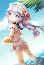 Rule 34 | 1girl, blue eyes, blue hair, cloud, day, dress, flot, from behind, gochuumon wa usagi desu ka?, hair ornament, hairclip, hat, highres, kafuu chino, long hair, looking back, matching hair/eyes, open mouth, outdoors, outstretched arms, seashell, shell, sky, solo, wading, water, white dress, wind