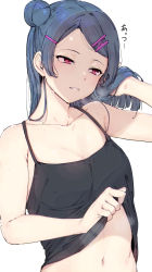 Rule 34 | 1girl, alp, arm up, bare arms, bare shoulders, black camisole, blue hair, breasts, camisole, cleavage, clothes lift, collarbone, hair lift, hair ornament, hairclip, half-closed eyes, hand up, heavy breathing, highres, hot, lifting own clothes, long hair, looking away, love live!, love live! sunshine!!, medium breasts, navel, parted bangs, parted lips, red eyes, shirt lift, side bun, simple background, solo, steaming body, stomach, sweat, translation request, tsushima yoshiko, upper body, white background