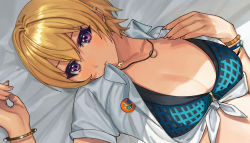 Rule 34 | 1girl, bed sheet, bikini, bikini under clothes, blonde hair, blue bikini, blush, bracelet, breasts, cleavage, collarbone, commentary request, earclip, front-tie top, hair between eyes, head tilt, highres, idolmaster, idolmaster shiny colors, jewelry, looking at viewer, lying, medium breasts, necklace, on back, on bed, pol winner, purple eyes, ring, ring necklace, saijo juri, shirt, short hair, short sleeves, small breasts, solo, swimsuit, tied shirt, upper body, white shirt