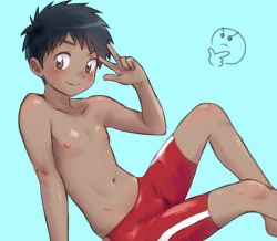 Rule 34 | 1boy, arm support, blue background, blush, bulge, child, dark-skinned male, dark skin, emoji, jammers, kimura b, looking at viewer, male focus, male swimwear, navel, nipples, original, red jammers, red male swimwear, simple background, single vertical stripe, sitting, smile, solo, swimsuit, thinking emoji, topless male, v