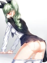Rule 34 | 1girl, anchovy (girls und panzer), anzio school uniform, ass, blush, brown eyes, cape, clothes pull, cum, cum on ass, girls und panzer, green hair, hair between eyes, hair ornament, highres, miniskirt, no panties, pantyhose, pantyhose pull, ribbon, school uniform, simple background, skirt, solo, twintails, white background, white pantyhose