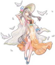 Rule 34 | 1girl, artist request, bird, blue flower, blue footwear, bracelet, chain, dove, dress, feathers, flower, game cg, hair ornament, hat, highres, holding, holding wallet, jewelry, kitami sawako, light brown hair, long hair, looking at viewer, mahjong soul, necklace, official art, orange dress, pink flower, pink ribbon, pink rose, ribbon, rose, simple background, solo, sun hat, third-party source, transparent background, wallet, yostar