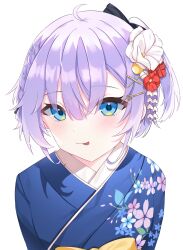 Rule 34 | 1girl, blue eyes, blue kimono, bow, braid, commentary, double bun, flower, hair bow, hair bun, hair flower, hair ornament, hairclip, highres, indie virtual youtuber, japanese clothes, kimono, looking at viewer, one side up, portrait, purple hair, red flower, rocksnotrock, shizukou, short hair, side braid, simple background, smile, solo, symbol-only commentary, tongue, tongue out, virtual youtuber, white background, white flower, yellow bow