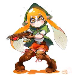 Rule 34 | 1girl, belt, boots, bow (weapon), cko (nanany k), company connection, compass, cosplay, crossbow, domino mask, hood, hyrule warriors, inkling, inkling girl, inkling player character, knees together feet apart, linkle, linkle (cosplay), long hair, mask, matching hair/eyes, miniskirt, nintendo, orange eyes, orange hair, pointy ears, shirt, skirt, solo, splatoon (series), splatoon 1, tentacle hair, the legend of zelda, thigh boots, thighhighs, weapon
