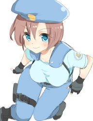 Rule 34 | 1girl, blue eyes, blush, breasts, brown hair, closed mouth, fingerless gloves, gloves, hat, jill valentine, looking at viewer, medium breasts, nagare, resident evil, short hair, simple background, solo, white background