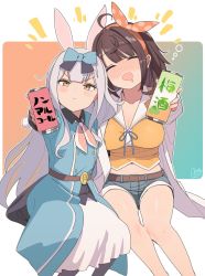 Rule 34 | 2girls, :&gt;, animal ears, blush, bow, breasts, brown hair, can, cleavage, closed eyes, coat, commentary request, dated, denim, denim shorts, dress, drink, drooling, flat chest, grey hair, hair bow, hair intakes, hairband, highres, holding, holding can, invisible chair, large breasts, long hair, looking at viewer, mochizuki himari, mouth drool, multiple girls, nose blush, open clothes, open coat, open mouth, polka dot, rabbit ears, rabbit girl, rkrk, short shorts, shorts, signature, simple background, sitting, smile, uni create, very long hair, virtual youtuber, white coat, yellow eyes, zutsuki tsukuru