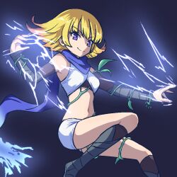 Rule 34 | 1girl, blonde hair, blue background, commentary request, electricity, kid icarus, kid icarus uprising, looking at viewer, midriff, navel, nintendo, phosphora, plant, purple eyes, scarf, simple background, smile, solo, v-shaped eyebrows, vines, yorawa (yrw329)