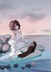 Rule 34 | 1girl, absurdres, animal ears, arknights, bikini, braid, breasts, brown eyes, brown hair, choker, cloud, coat, coat partially removed, collarbone, highres, horizon, in water, jacket, jacket over swimsuit, looking away, makeup brush, medium breasts, natsuba002, ocean, official alternate costume, on ground, otter ears, otter tail, pantyhose, partially immersed, roberta (arknights), roberta (summer flowers) (arknights), rock, seashell, shell, sitting, sky, solo, starfish, sunset, swimsuit, tail, tetrapod, wariza, waves, white bikini, white choker, white coat, white pantyhose