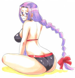 Rule 34 | ass, back, blush, breasts, censored, cleavage, covered erect nipples, fate/stay night, fate (series), glasses, huge ass, kikuta, large breasts, long hair, medusa (fate), medusa (rider) (fate), purple hair, smile, square pupils, swimsuit