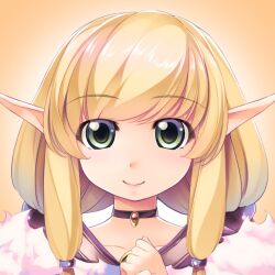 Rule 34 | 1girl, atelier-moo, blonde hair, closed mouth, collarbone, elf, gem, green eyes, jewelry, long hair, long pointy ears, looking at viewer, orange background, our battle has just begun!, pointy ears, portrait, simple background, smile, solo, synsya, twintails, very long hair