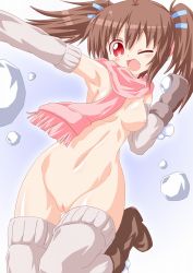 Rule 34 | 1girl, arm warmers, boots, breasts, brown hair, female focus, gloves, kagerou (kers), kers, leg up, leg warmers, medium breasts, naked scarf, navel, nipples, nude, one eye closed, open mouth, original, pussy, red eyes, roshutsu kyouko, scarf, snow, snowball, solo, thighhighs, twintails, uncensored, wink