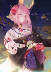 Rule 34 | 1girl, bare shoulders, black kimono, breasts, cleavage, commentary, cup, detached collar, flower, fox mask, hair flower, hair ornament, highres, holding, holding cup, holding mask, hololive, hololive english, ilion, japanese clothes, kimono, large breasts, long sleeves, looking at viewer, mask, mori calliope, mori calliope (new year), nail polish, off shoulder, parted lips, pink eyes, pink flower, pink hair, red nails, sakazuki, short hair, sideways glance, solo, virtual youtuber