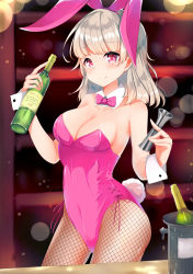 Rule 34 | 1girl, absurdres, alcohol, animal ears, bare legs, bottle, bow, bowtie, breasts, champagne, cleavage, commentary request, cowboy shot, detached collar, fake animal ears, fishnet pantyhose, fishnets, highres, leotard, looking at viewer, medium breasts, medium hair, original, pantyhose, pink bow, pink bowtie, pink leotard, playboy bunny, rabbit ears, rabbit tail, red eyes, shelf, silver hair, smile, solo, strapless, strapless leotard, tail, ushizawa hishime (artist), virtual youtuber, wrist cuffs