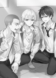 Rule 34 | 3boys, :3, absurdres, blazer, collarbone, collared shirt, commentary request, floor, furrowed brow, grey background, hair between eyes, hand on another&#039;s shoulder, highres, index finger raised, indoors, jacket, kiyomiya hikaru, looking at another, looking at viewer, looking to the side, male focus, maruyama takeshi, masachika kuze, momoko (momopoco), multiple boys, necktie, novel illustration, official art, open mouth, pants, parted lips, school uniform, shadow, shaved head, shirt, short hair, simple background, squatting, sweat, sweater, teeth, tokidoki bosotto roshia-go de dereru tonari no arya-san, upper teeth only, wing collar