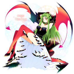 Rule 34 | 1girl, arm behind head, armpits, arms up, ass, blush, breasts, c.c., cleavage, code geass, creayus, detached collar, detached sleeves, dress, facial mark, female focus, forehead mark, full body, green hair, heart, high heels, jewelry, legs, long hair, looking at viewer, medium breasts, orange thighhighs, shoes, sigil, solo, strapless, strapless dress, thighhighs, white background, wings, yellow eyes