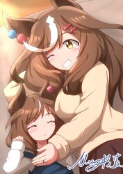 Rule 34 | 2girls, absurdres, alternate costume, animal ears, bed, blush, breasts, brown eyes, brown hair, closed eyes, closed mouth, commentary request, grin, hair ornament, hairclip, highres, horse ears, horse girl, horse tail, looking at viewer, matikane tannhauser (umamusume), matty (matsutomo), medium breasts, medium hair, mother and daughter, multiple girls, one eye closed, signature, smile, tail, umamusume