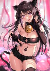 Rule 34 | 1girl, :d, absurdres, animal ear fluff, animal ears, ao no kanata no four rhythm, bandeau, bare shoulders, bell, black gloves, black hair, black panties, black skirt, black thighhighs, blurry, breasts, cat ears, cat girl, cat tail, cleavage, depth of field, detached collar, elbow gloves, fang, fingerless gloves, gloves, hand up, highleg, highleg panties, highres, jingle bell, large breasts, long hair, looking at viewer, microskirt, midriff, miniskirt, no shoes, open mouth, panties, pink eyes, pleated skirt, sakamuke, skirt, smile, solo, stomach, strapless, string panties, tail, thighhighs, thighs, tobisawa misaki, tube top, two side up, underboob, underwear, zettai ryouiki