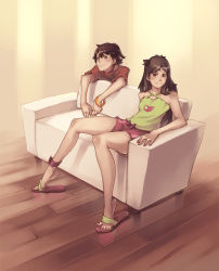 Rule 34 | 1boy, 1girl, anklet, bad anatomy, bad feet, bracelet, brown hair, camisole, copyright request, couch, feet, jewelry, legs, long hair, nail polish, pink nails, poorly drawn, sandals, short hair, short shorts, shorts, studio qube