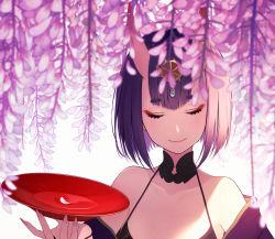 Rule 34 | 1girl, alcohol, bare shoulders, bikini, black bikini, bob cut, bonkithy, breasts, closed eyes, closed mouth, collarbone, cup, eyeliner, fangs, fate/grand order, fate (series), flower, headpiece, highres, horns, japanese clothes, kimono, long sleeves, looking at viewer, makeup, oni, purple hair, purple kimono, sakazuki, sake, short hair, shuten douji (fate), skin-covered horns, small breasts, smile, swimsuit, wide sleeves, wisteria