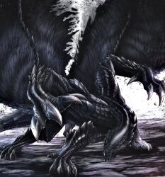 absurdres black_scales claws dragon dragon_wings gore_magala highres horns monster monster_focus monster_hunter monster_hunter_(series) monster_hunter_4 multicolored_horns no_humans nutuki purple_horns scales tail teeth two-tone_horns wings