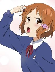 Rule 34 | 10s, 1girl, :o, blush, brown eyes, brown hair, candy, candy wrapper, food, hair ornament, highres, ikari manatsu, looking at viewer, makino kanna, open mouth, ribbon, school uniform, short hair, simple background, solo, sweater, tamako market, tongue, tongue out, upper body, white background
