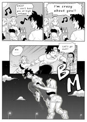 Rule 34 | 2girls, 3boys, absurdres, aged up, anger vein, ass, bra (dragon ball), breasts, cleavage, comic, commentary request, cross, cross necklace, cup, dragon ball, dragonball z, drugged, earrings, english text, engrish text, facial mark, flying, forehead mark, frown, greyscale, highres, holding, holding another&#039;s wrist, holding cup, jewelry, marron (dragon ball), medium breasts, midriff, miniskirt, monochrome, multiple boys, multiple girls, muscular, muscular male, navel, necklace, night, night sky, open mouth, pink mousse, ranguage, short shorts, shorts, skirt, sky, son goten, star (sky), starry sky, strapless, trembling, tube top, twintails
