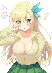 Rule 34 | 1girl, absurdres, bad id, bad pixiv id, blonde hair, blush, boku wa tomodachi ga sukunai, breasts, butterfly hair ornament, cleavage, collarbone, dated, green eyes, green skirt, hair ornament, happy birthday, heart, highres, kashiwazaki sena, large breasts, long hair, looking at viewer, parted lips, sayaka otaku, skirt, solo, unbuttoned, unbuttoned shirt