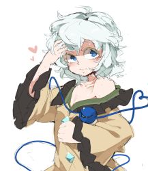 Rule 34 | 1girl, bare shoulders, blue eyes, breasts, cleavage, colored eyelashes, eyebrows, female focus, heart, heart of string, iroyopon, komeiji koishi, off shoulder, short hair, simple background, sketch, small breasts, smile, solo, sweat, thick eyebrows, third eye, touhou, upper body, white background