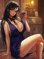 Rule 34 | 1girl, bare arms, bare legs, black hair, blue dress, breasts, brick wall, brown eyes, choker, cleavage, crescent, crescent earrings, crossed legs, cup, dress, drinking glass, earrings, feet out of frame, final fantasy, final fantasy vii, final fantasy vii remake, highres, holding, holding cup, indoors, ja mong, jewelry, large breasts, lingerie, long hair, looking at viewer, negligee, official alternate costume, ribbon choker, short dress, sitting, solo, square enix, tifa lockhart, tifa lockhart (refined dress), underwear, wall market