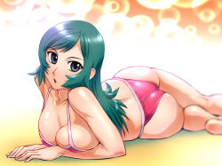 Rule 34 | 00s, 1girl, :o, ass, back, barefoot, bikini, blue eyes, blurry, breast press, breasts, cleavage, depth of field, from side, gradient background, green hair, kneepits, kotona elegance, large breasts, legs together, lens flare, long hair, looking at viewer, lying, on stomach, open mouth, parted bangs, pink bikini, shiny clothes, sideboob, skindentation, solo, string bikini, swept bangs, swimsuit, ueyama michirou, zoids, zoids genesis