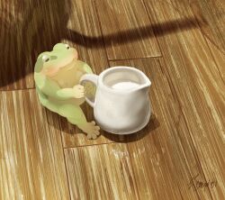 Rule 34 | artist name, commentary request, cup, frog, hachiya shohei, highres, holding, holding cup, liquid, no humans, original, shadow, sitting, solo, sweat