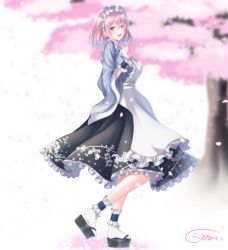 Rule 34 | 1girl, alternate costume, apron, black dress, blush, dress, ear piercing, enmaided, frilled apron, frilled dress, frills, hair ornament, hairclip, highres, maid, maid apron, maid headdress, piercing, pink eyes, pink hair, saigyouji yuyuko, shiranui (wasuresateraito), short hair, smile, solo, touhou, waitress, wavy hair, white apron, white legwear, wide sleeves, wrist cuffs