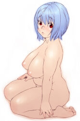 Rule 34 | 1girl, arm support, ayanami rei, blue hair, breasts, closed mouth, commentary request, completely nude, from side, full body, hair between eyes, hand on own thigh, jinroku, large breasts, looking at viewer, looking to the side, medium breasts, neon genesis evangelion, nipples, nude, plump, red eyes, simple background, sitting, solo, thick thighs, thighs, wariza, white background