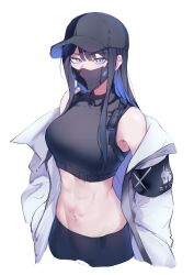 Rule 34 | 1girl, absurdres, bare shoulders, baseball cap, black hat, black shirt, blue archive, blue eyes, blue hair, breasts, commentary request, crop top, hat, highres, jacket, large breasts, long hair, long sleeves, looking at viewer, mask, midriff, mouth mask, navel, off shoulder, open clothes, open jacket, saiun sigma, saori (blue archive), shirt, simple background, sleeveless, sleeveless shirt, solo, stomach, upper body, white background, white jacket