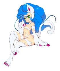 Rule 34 | 1girl, absurdres, aged down, alternate breast size, animal ears, animal hands, bad id, bad tumblr id, blue hair, breasts, capcom, cat ears, cat tail, claws, felicia (vampire), full body, fur, green eyes, highres, long hair, looking away, navel, simple background, sitting, slugbox, small breasts, smile, solo, tail, vampire (game), white background
