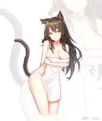 Rule 34 | 1girl, animal ears, areola slip, arknights, breast hold, breasts, brown hair, completely nude, covering privates, cropped legs, earrings, hair between eyes, jewelry, large breasts, leaning forward, long hair, naked towel, nude, nude cover, quan (kurisu tina), sidelocks, simple background, single earring, skyfire (arknights), smile, solo, tail, towel, weibo watermark, yellow eyes, zoom layer