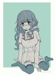 Rule 34 | 1girl, aqua background, arm rest, between legs, blunt bangs, blush, border, buttons, center frills, collared shirt, crying, crying with eyes open, frilled shirt, frills, futaba sana, hair half undone, hair ornament, hair scrunchie, hand between legs, highres, layered sleeves, long hair, long sleeves, magia record: mahou shoujo madoka magica gaiden, mahou shoujo madoka magica, miniskirt, mizuna girls&#039; academy school uniform, neck ribbon, no shoes, pleated skirt, polka dot, polka dot background, ribbon, school uniform, scrunchie, shirt, shirt under shirt, short over long sleeves, short sleeves, sidelocks, sitting, skirt, solo, spot color, tears, thighhighs, totte, twitter username, wariza, wavy hair, wavy mouth, white border