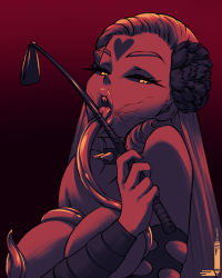 Rule 34 | absurdres, bare shoulders, between breasts, black sclera, breasts, cleavage, collar, colored sclera, facial mark, flower, forehead mark, glasgow smile, hair flower, hair ornament, half-closed eyes, highres, holding, holding riding crop, holding whip, kaijin hime do-s, lips, loen, long hair, long tongue, monster girl, no bra, one-punch man, red theme, riding crop, sharp teeth, solo, spiked collar, spikes, teeth, tongue, upper body, whip, yellow eyes