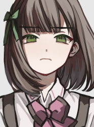 Rule 34 | 1girl, assault lily, blunt bangs, bob cut, bow, bowtie, brown hair, closed mouth, collared shirt, commentary, frown, green bow, green eyes, grey background, hair bow, highres, looking at viewer, ludvico private girls&#039; academy school uniform, pink bow, pink bowtie, portrait, saeki julia karen, school uniform, shirt, short hair, simple background, sketch, solo, suspenders, tareko, white shirt