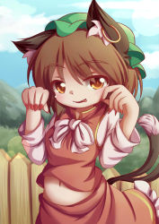 Rule 34 | 1girl, :p, absurdres, animal ears, blue sky, brown hair, cat ears, cat tail, chen, cloud, day, dior-zi, earrings, eyebrows, fang, fence, fingernails, grass, hat, highres, jewelry, lens flare, long sleeves, looking at viewer, midriff, mob cap, mountain, multiple tails, nail polish, navel, orange eyes, outdoors, paw pose, ribbon, sharp fingernails, short hair, single earring, skirt, skirt set, sky, sleeves rolled up, solo, tail, tongue, tongue out, touhou, wooden fence